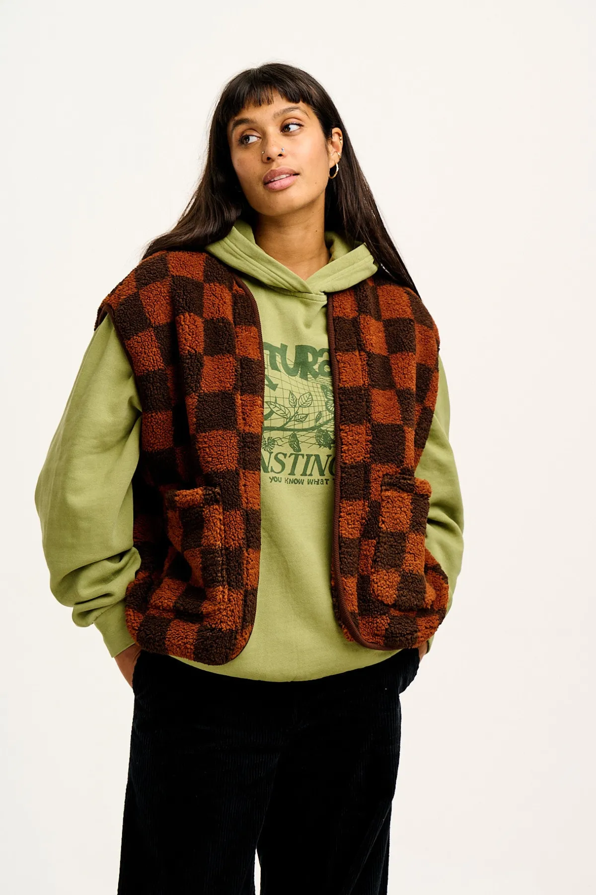 Lucy & Yak Aubrey - Borg Fleece Gilet in Terry Brown Check Print