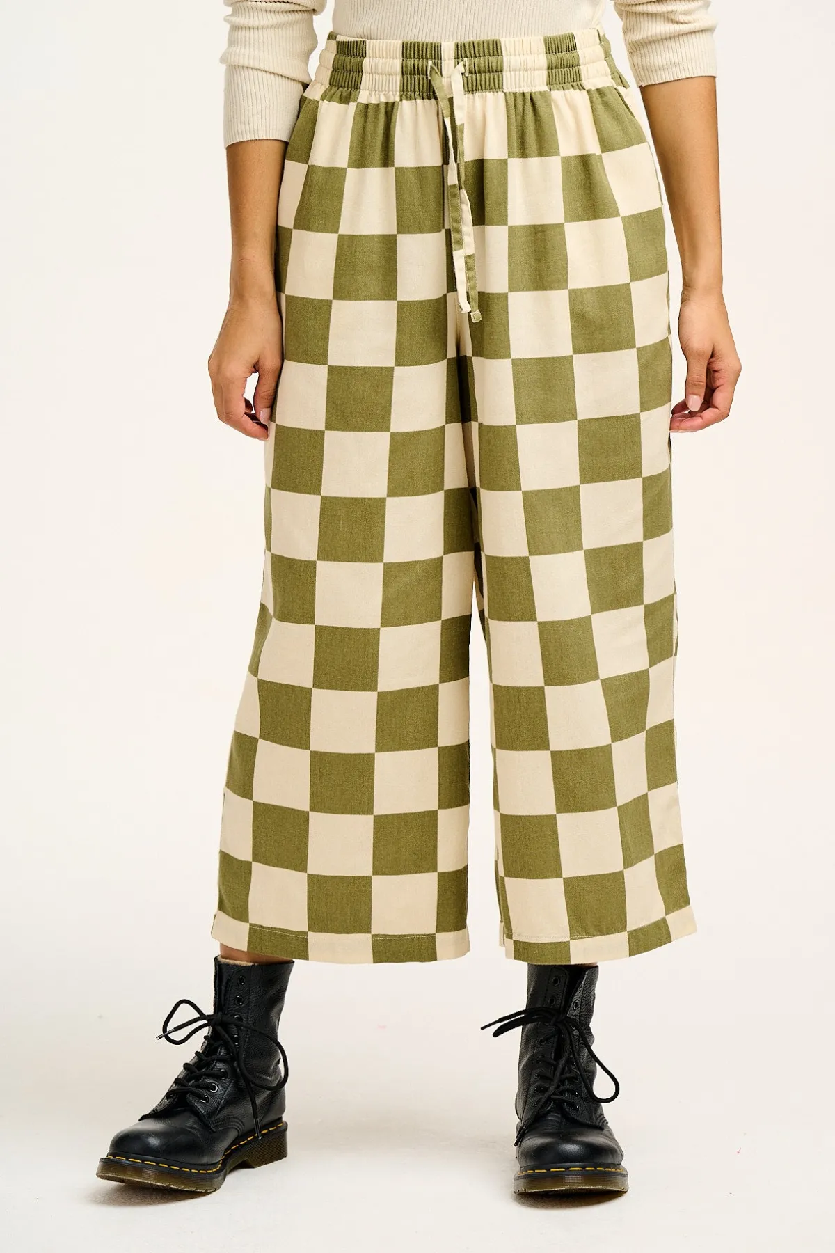 Lucy & Yak Chuck - Wide Leg Cotton Trousers in Pistachio Green Checkerboard Print