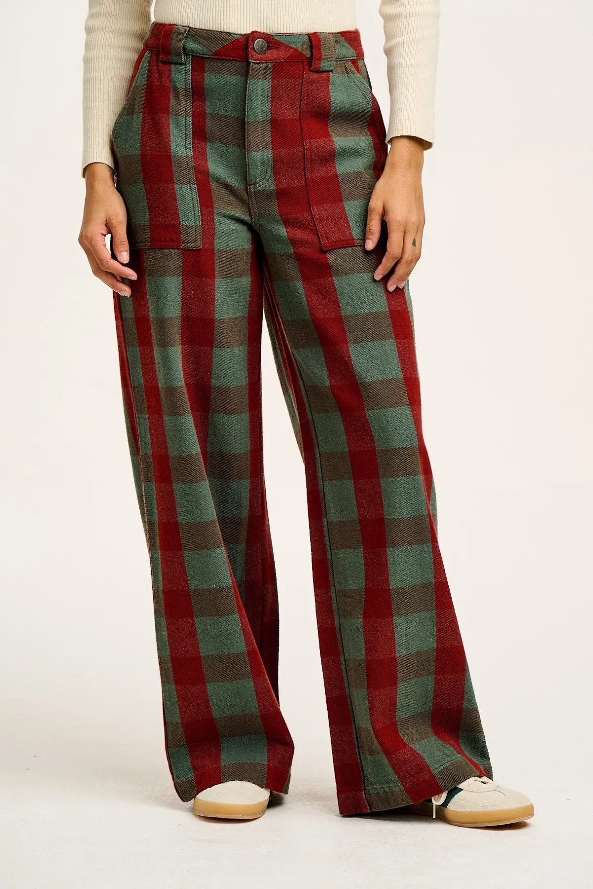 Lucy & Yak Delores - Wide Leg Twill Jeans in Green & Red Houston Tartan Print