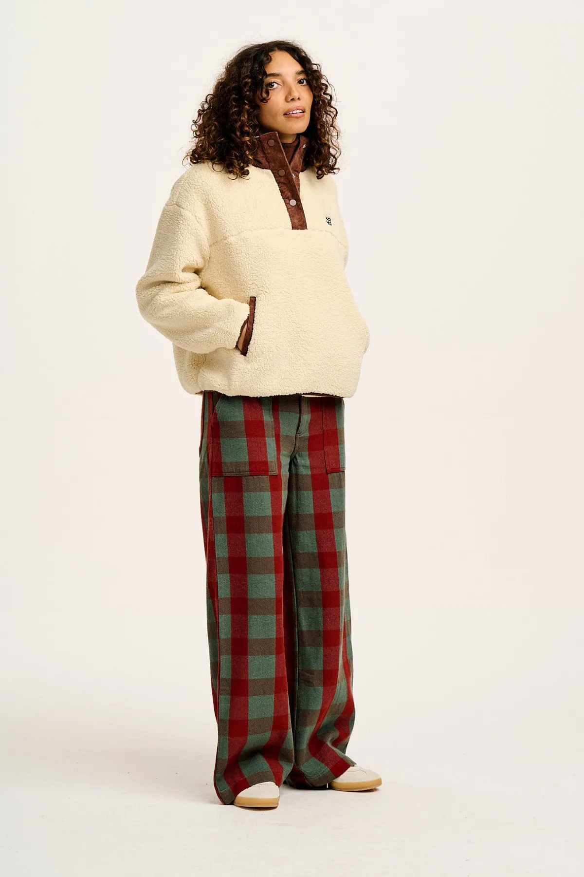 Lucy & Yak Delores - Wide Leg Twill Jeans in Green & Red Houston Tartan Print