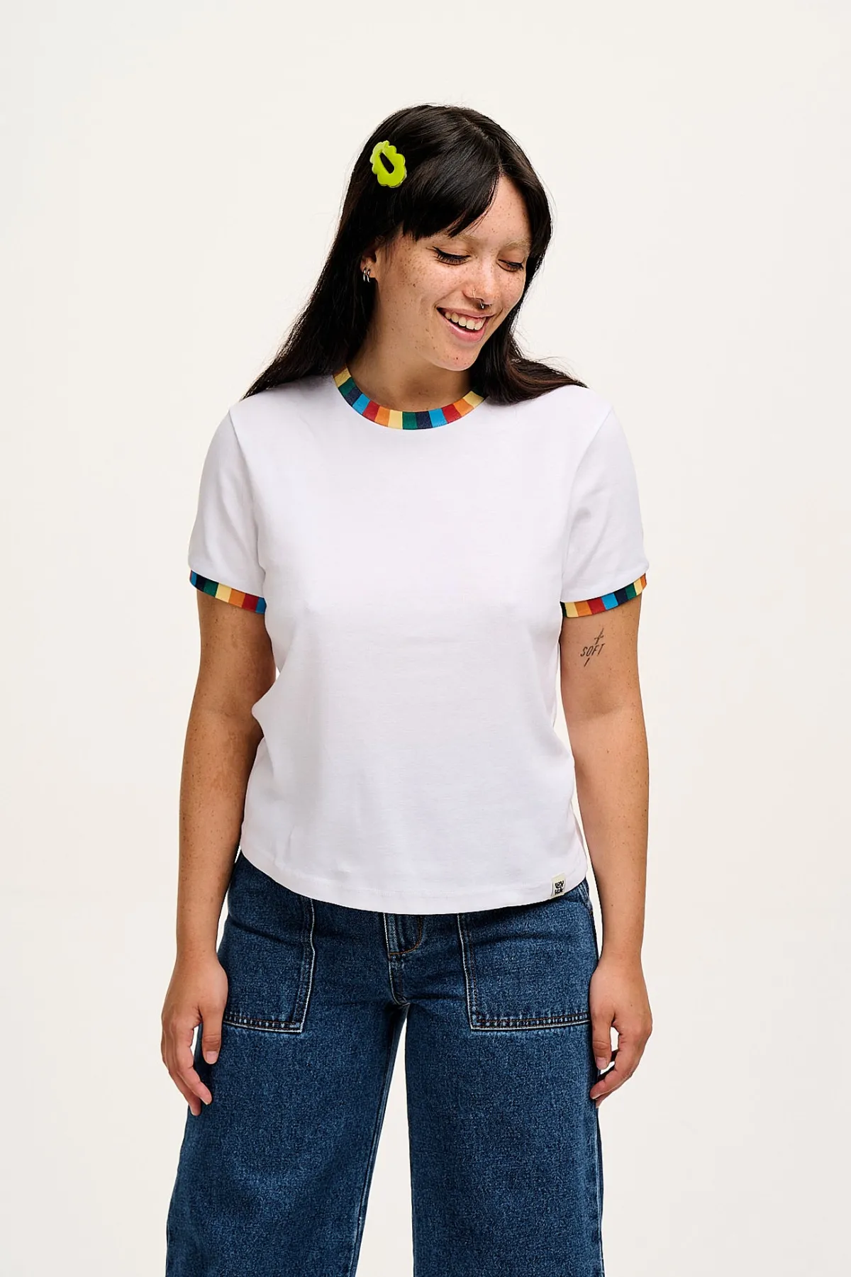 Lucy & Yak Maya - Cotton Tee in White Rainbow Print