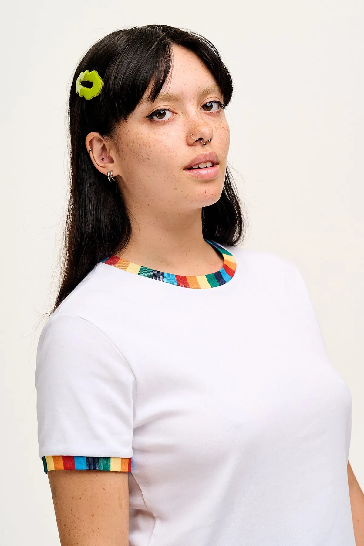 Lucy & Yak Maya - Cotton Tee in White Rainbow Print