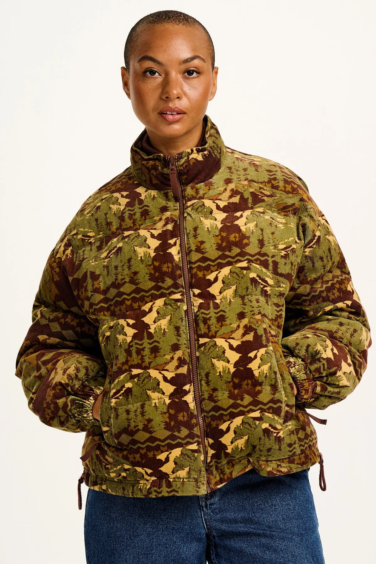 paloma__corduroy_puffer_jacket_in_green__brown_nevis_print_2.webp Lucy & Yak Paloma - Corduroy Puffer Jacket in Green & Brown Nevis Print