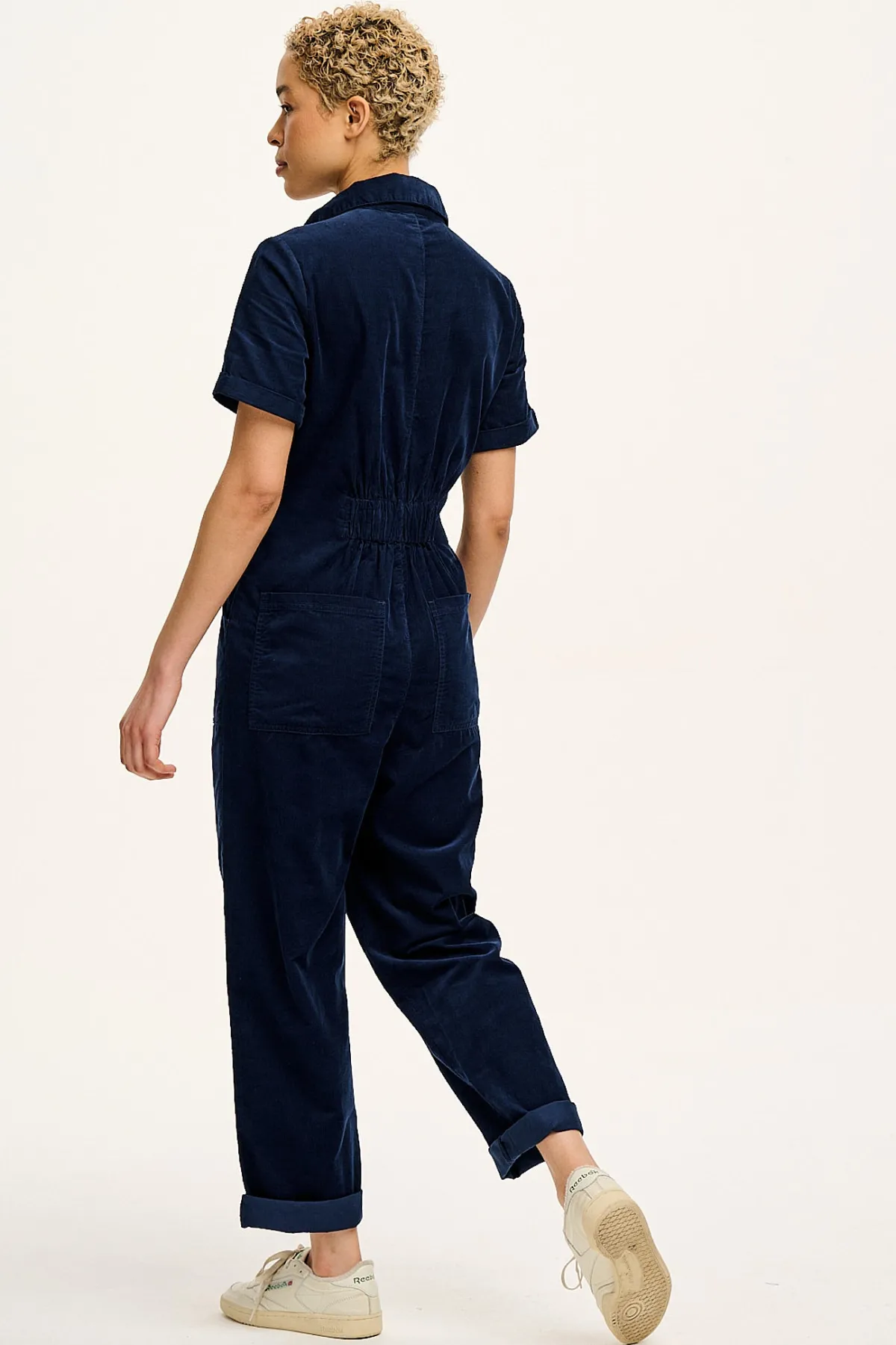 Lucy & Yak Rex - Short Sleeve Corduroy Jumpsuit in Navy Blue